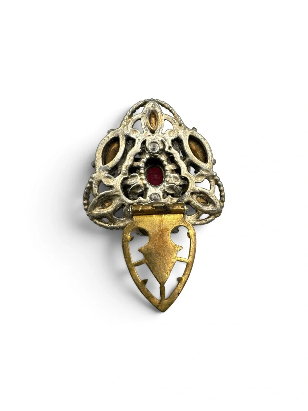 Vintage 1930s Art Deco Red Glass Rhinestone Brass Filigree Dress Clip